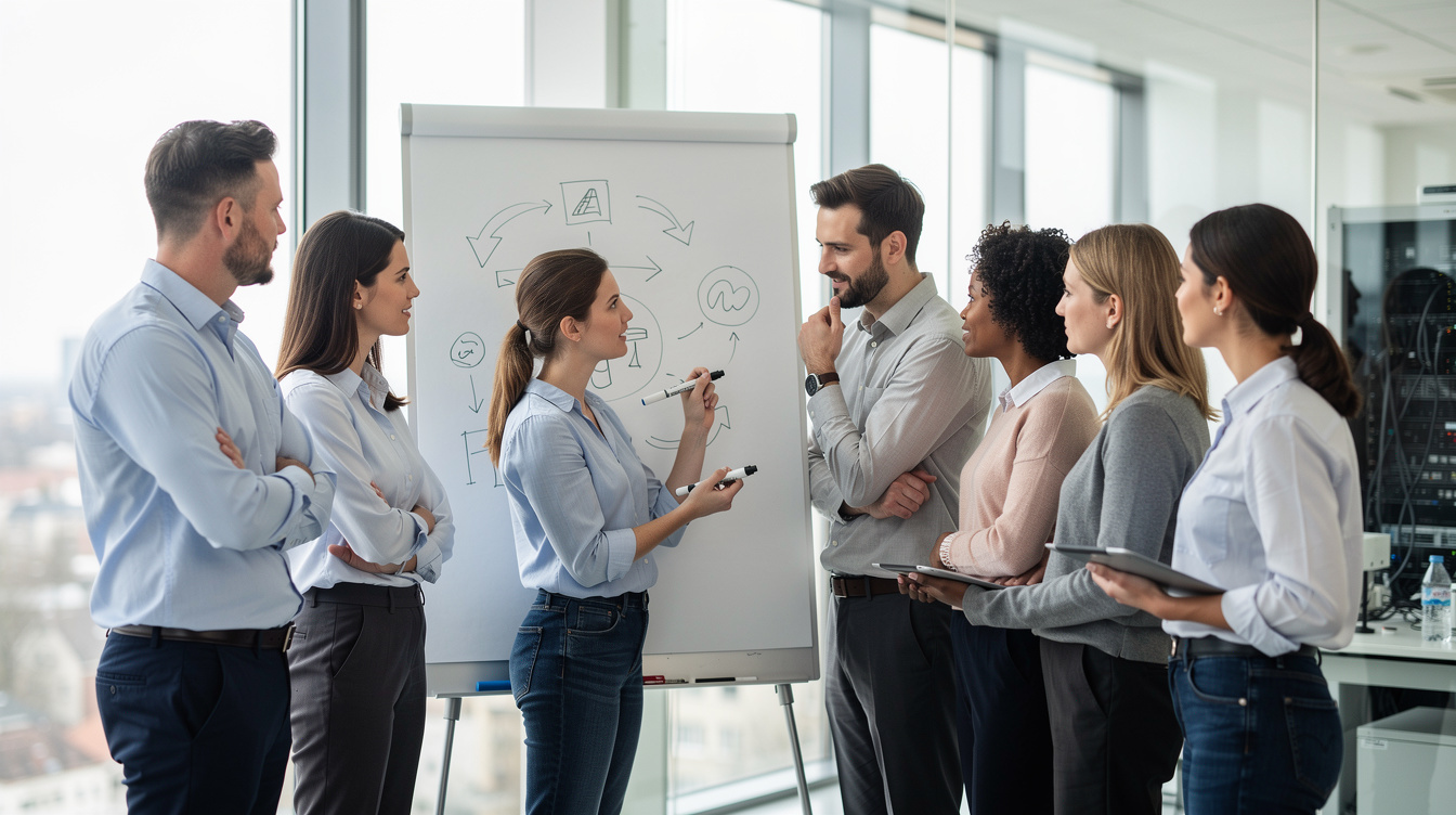 Diverse team of researchers discussing in an office